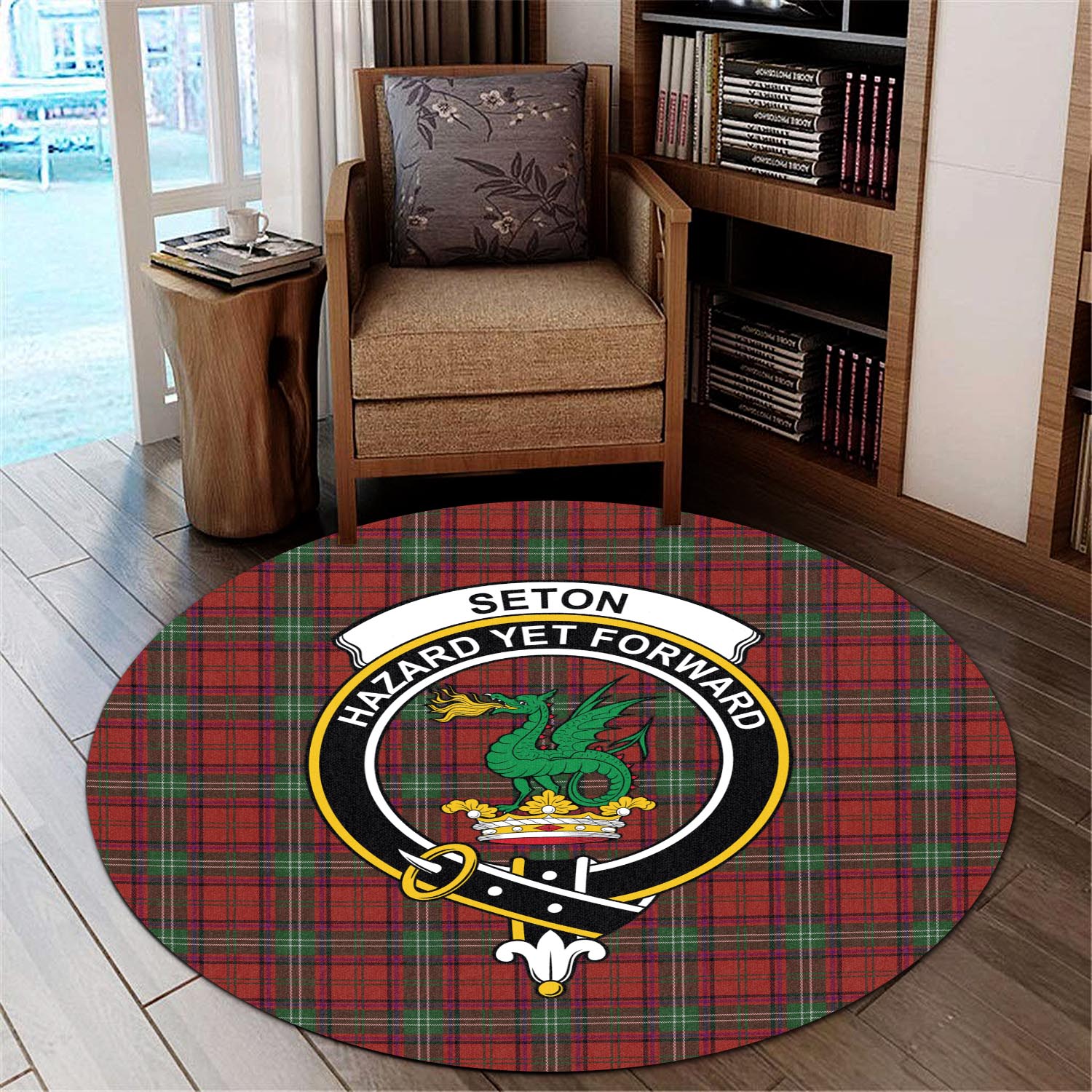Seton Tartan Round Rug with Family Crest - Tartan Vibes Clothing