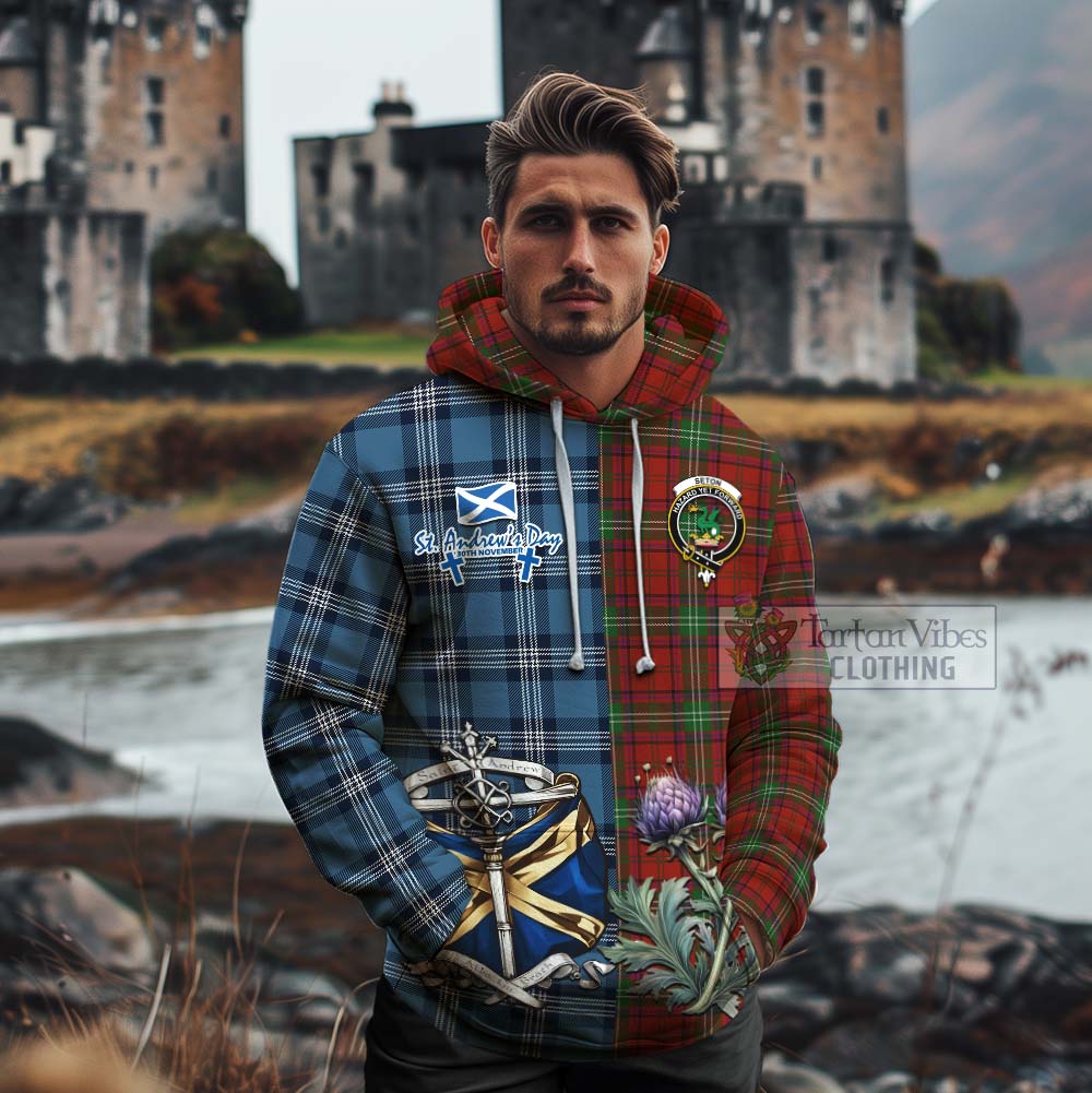 Seton Tartan Cotton Hoodie Happy St. Andrew's Day Half Tartan Style - Tartan Vibes Clothing