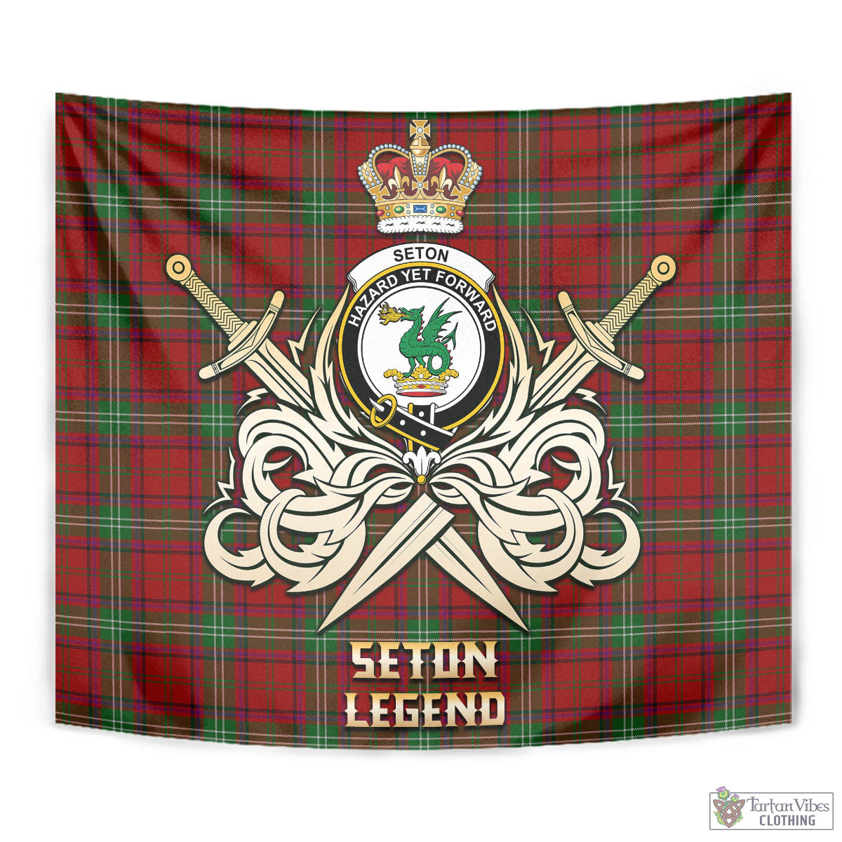 Tartan Vibes Clothing Seton Tartan Tapestry with Clan Crest and the Golden Sword of Courageous Legacy