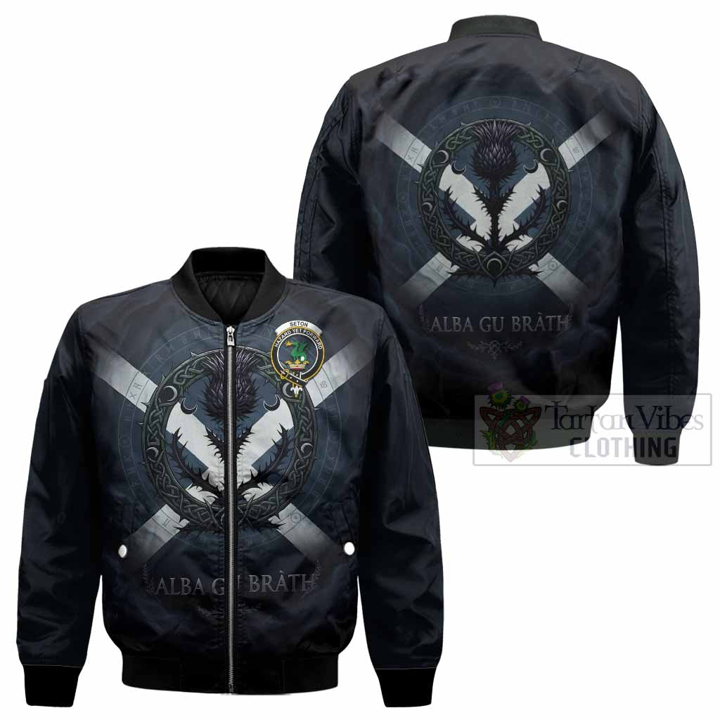 Seton Clan Crest Bomber Jacket with Celtic Knot Thistle and Saltire - Tartan Vibes Clothing