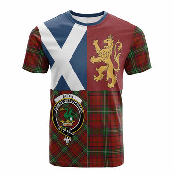 Seton Crest Tartan Cotton T-shirt with Lion Rampant Saltire Style