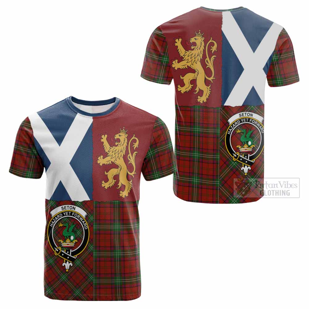 Seton Crest Tartan Cotton T-shirt with Lion Rampant Saltire Style - Tartan Vibes Clothing