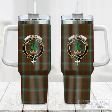 Seton Hunting Tartan and Family Crest Tumbler with Handle