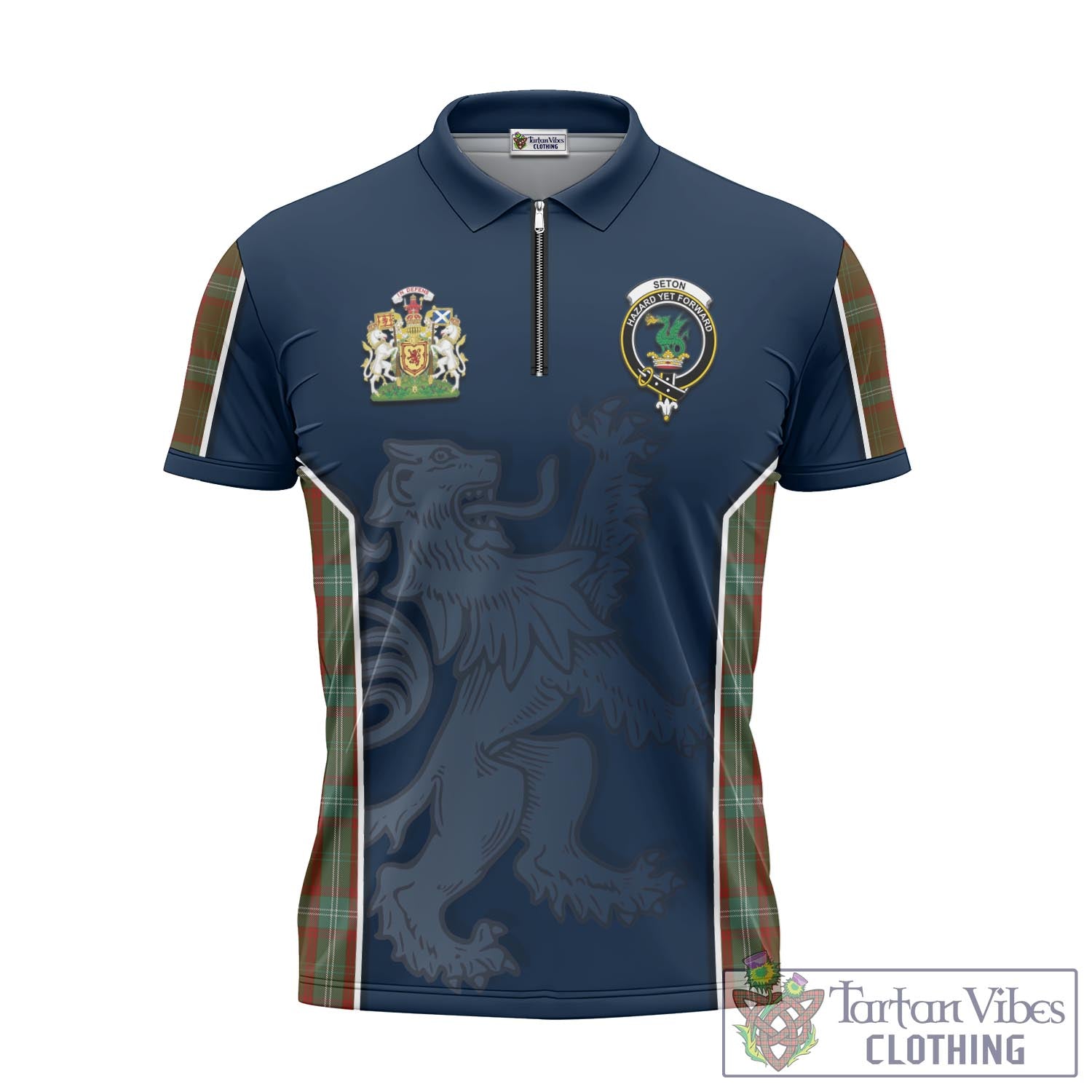 Tartan Vibes Clothing Seton Hunting Tartan Zipper Polo Shirt with Family Crest and Lion Rampant Vibes Sport Style