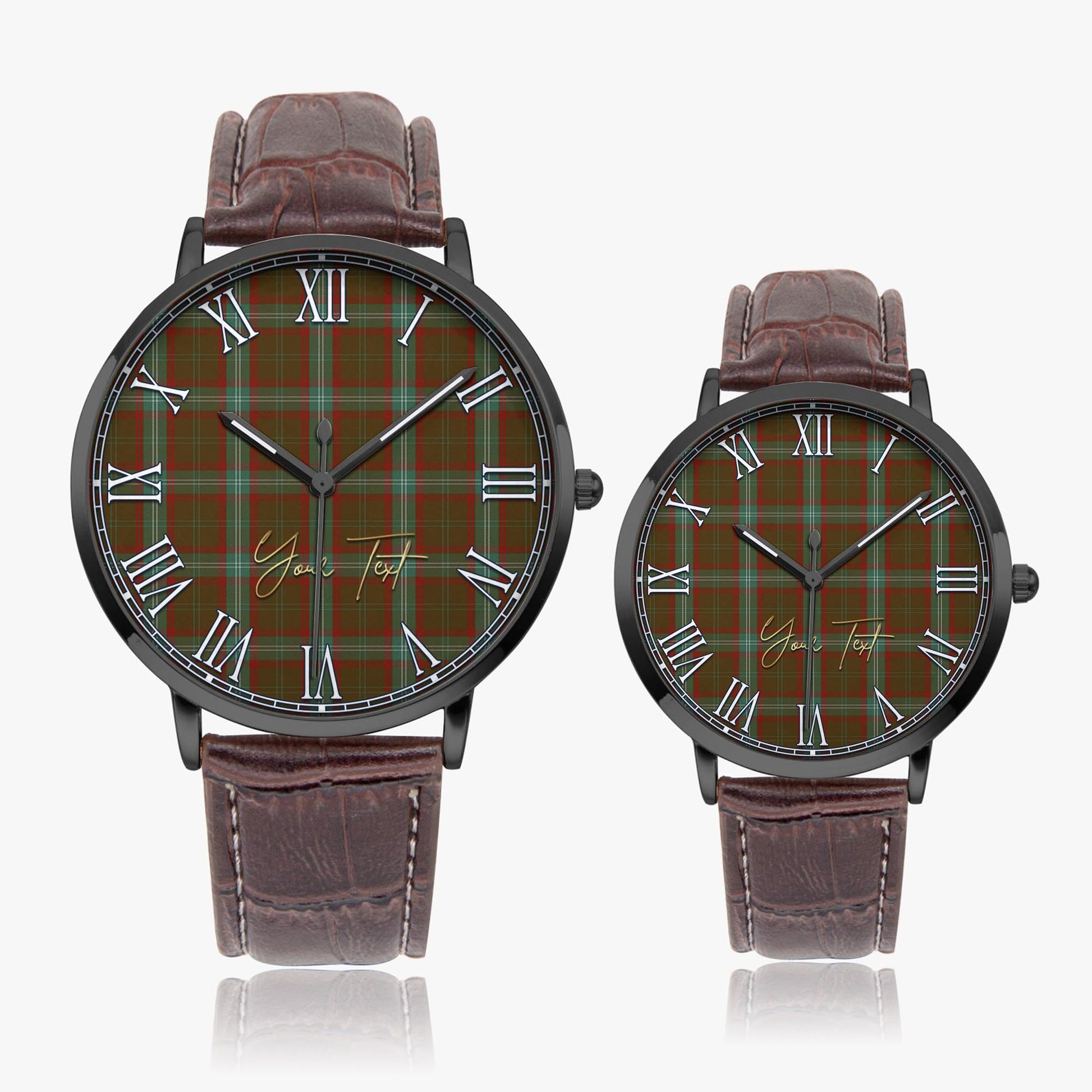 Seton Hunting Tartan Personalized Your Text Leather Trap Quartz Watch Ultra Thin Black Case With Brown Leather Strap - Tartanvibesclothing