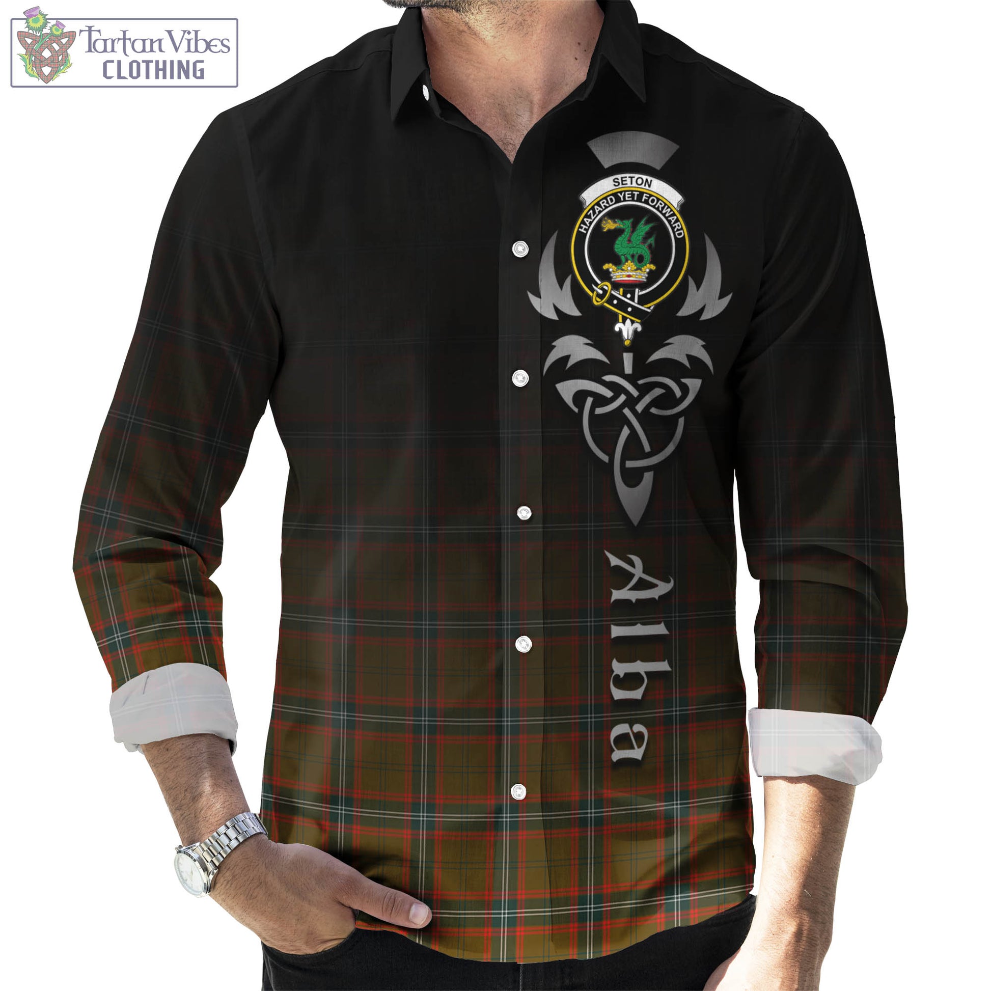 Tartan Vibes Clothing Seton Hunting Modern Tartan Long Sleeve Button Up Featuring Alba Gu Brath Family Crest Celtic Inspired