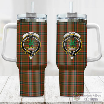 Seton Hunting Modern Tartan and Family Crest Tumbler with Handle