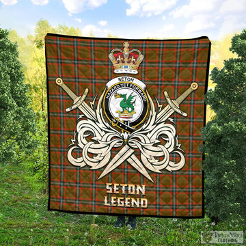 Seton Hunting Modern Tartan Quilt with Clan Crest and the Golden Sword of Courageous Legacy