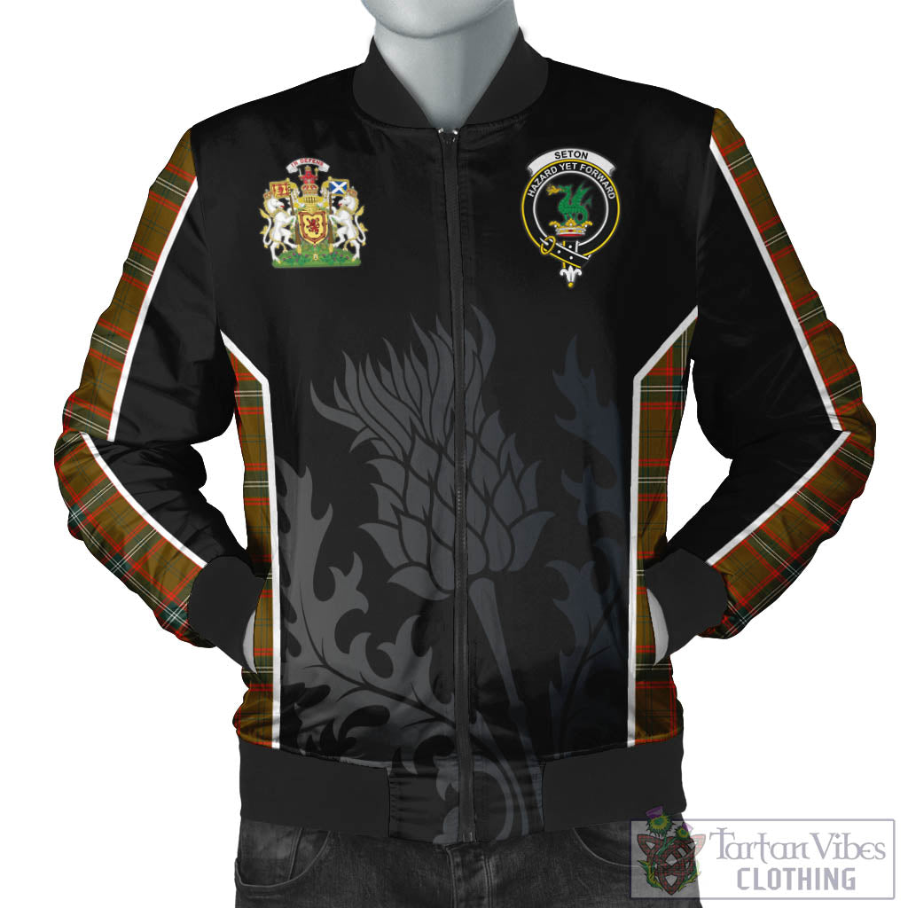 Tartan Vibes Clothing Seton Hunting Modern Tartan Bomber Jacket with Family Crest and Scottish Thistle Vibes Sport Style
