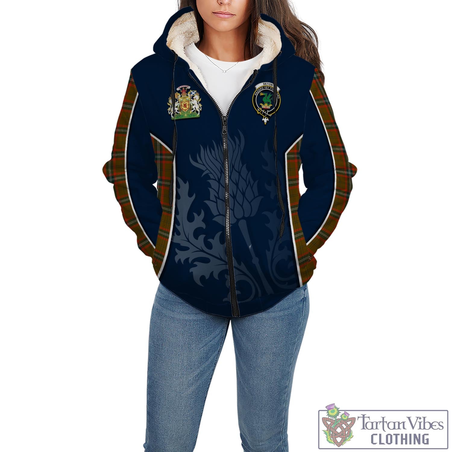Tartan Vibes Clothing Seton Hunting Modern Tartan Sherpa Hoodie with Family Crest and Scottish Thistle Vibes Sport Style
