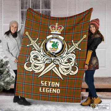 Seton Hunting Modern Tartan Blanket with Clan Crest and the Golden Sword of Courageous Legacy