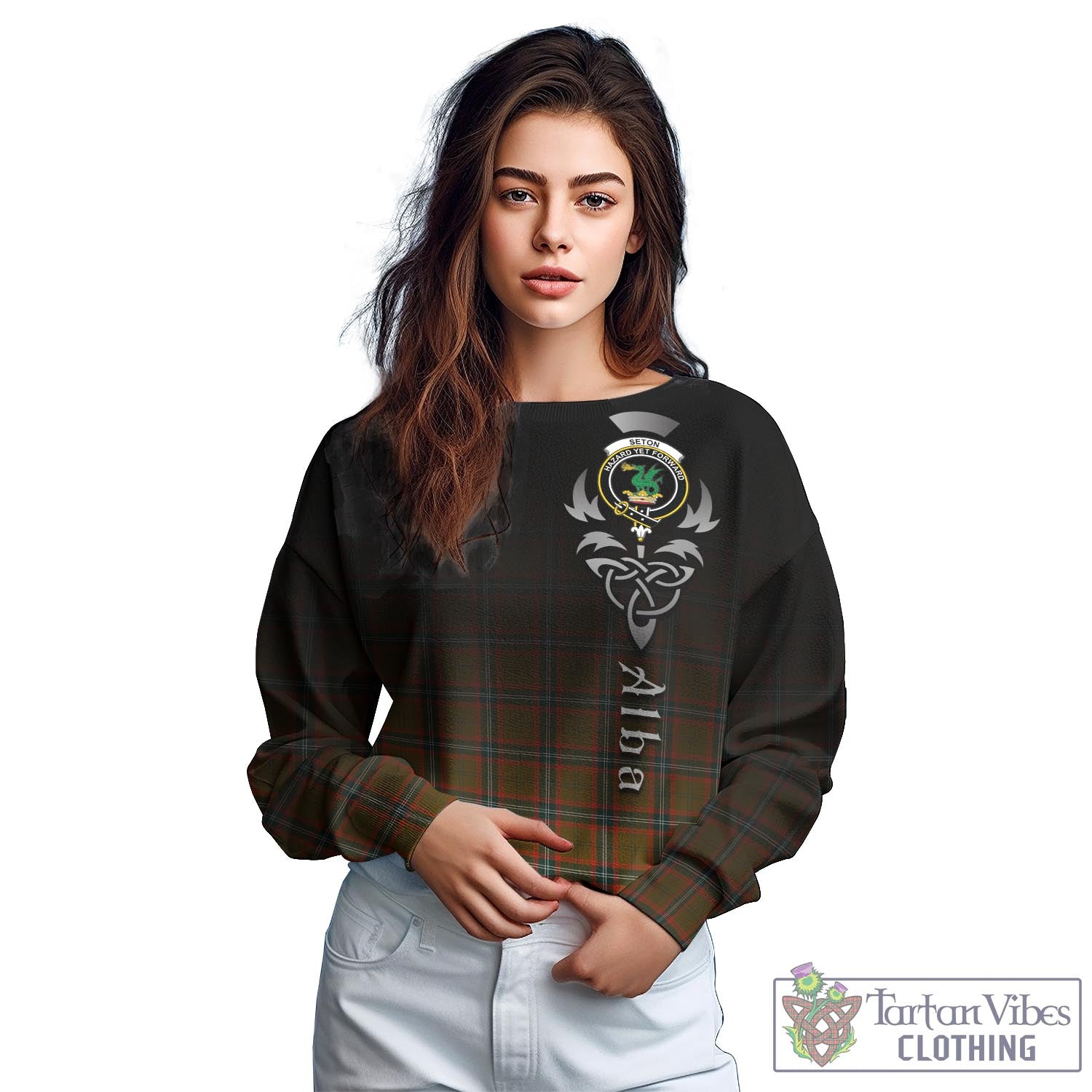 Tartan Vibes Clothing Seton Hunting Modern Tartan Sweatshirt Featuring Alba Gu Brath Family Crest Celtic Inspired