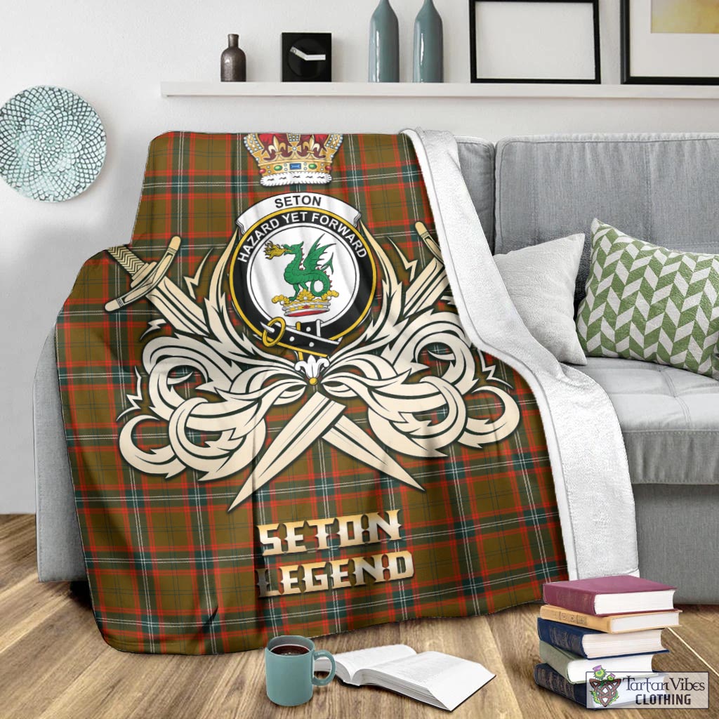Tartan Vibes Clothing Seton Hunting Modern Tartan Blanket with Clan Crest and the Golden Sword of Courageous Legacy