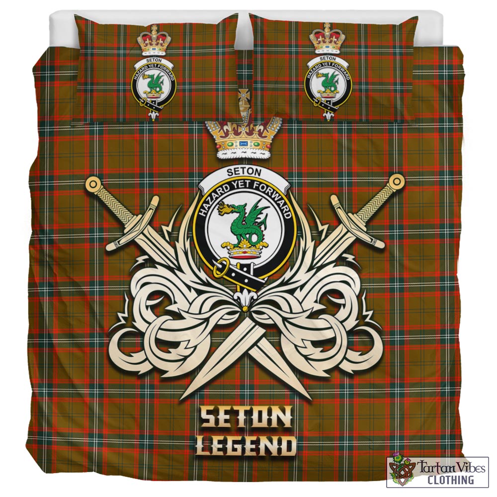 Tartan Vibes Clothing Seton Hunting Modern Tartan Bedding Set with Clan Crest and the Golden Sword of Courageous Legacy