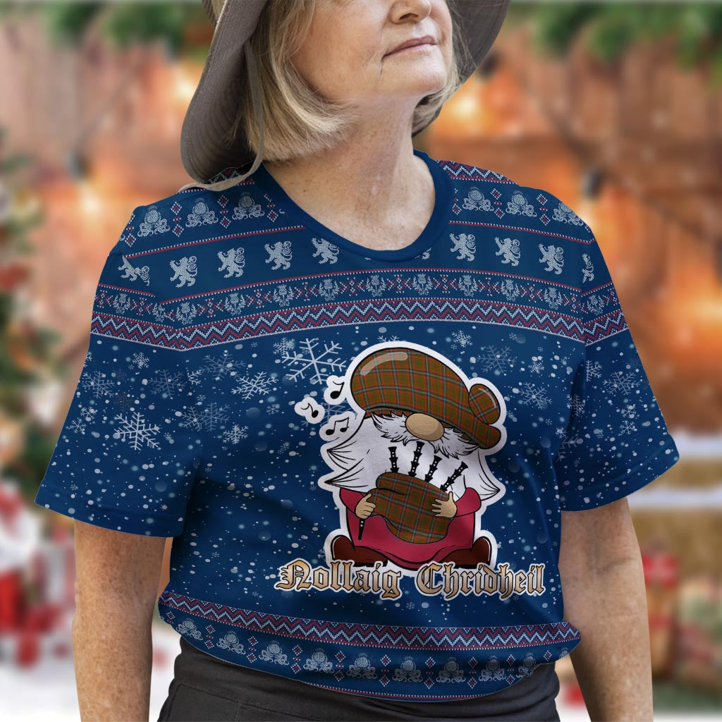 Seton Hunting Modern Clan Christmas Family T-Shirt with Funny Gnome Playing Bagpipes Women's Shirt Blue - Tartanvibesclothing