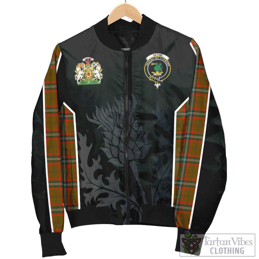 Tartan Vibes Clothing Seton Hunting Modern Tartan Bomber Jacket with Family Crest and Scottish Thistle Vibes Sport Style