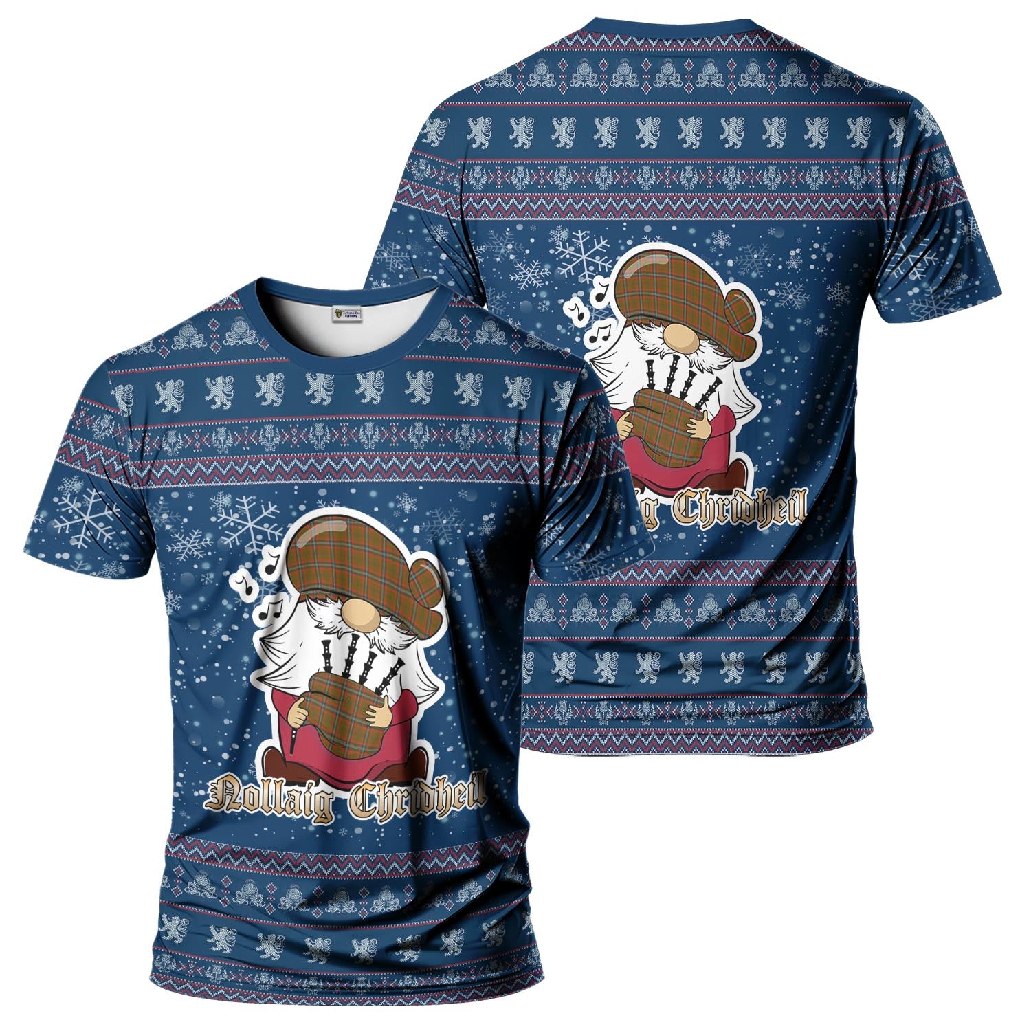 Seton Hunting Modern Clan Christmas Family T-Shirt with Funny Gnome Playing Bagpipes Kid's Shirt Blue - Tartanvibesclothing