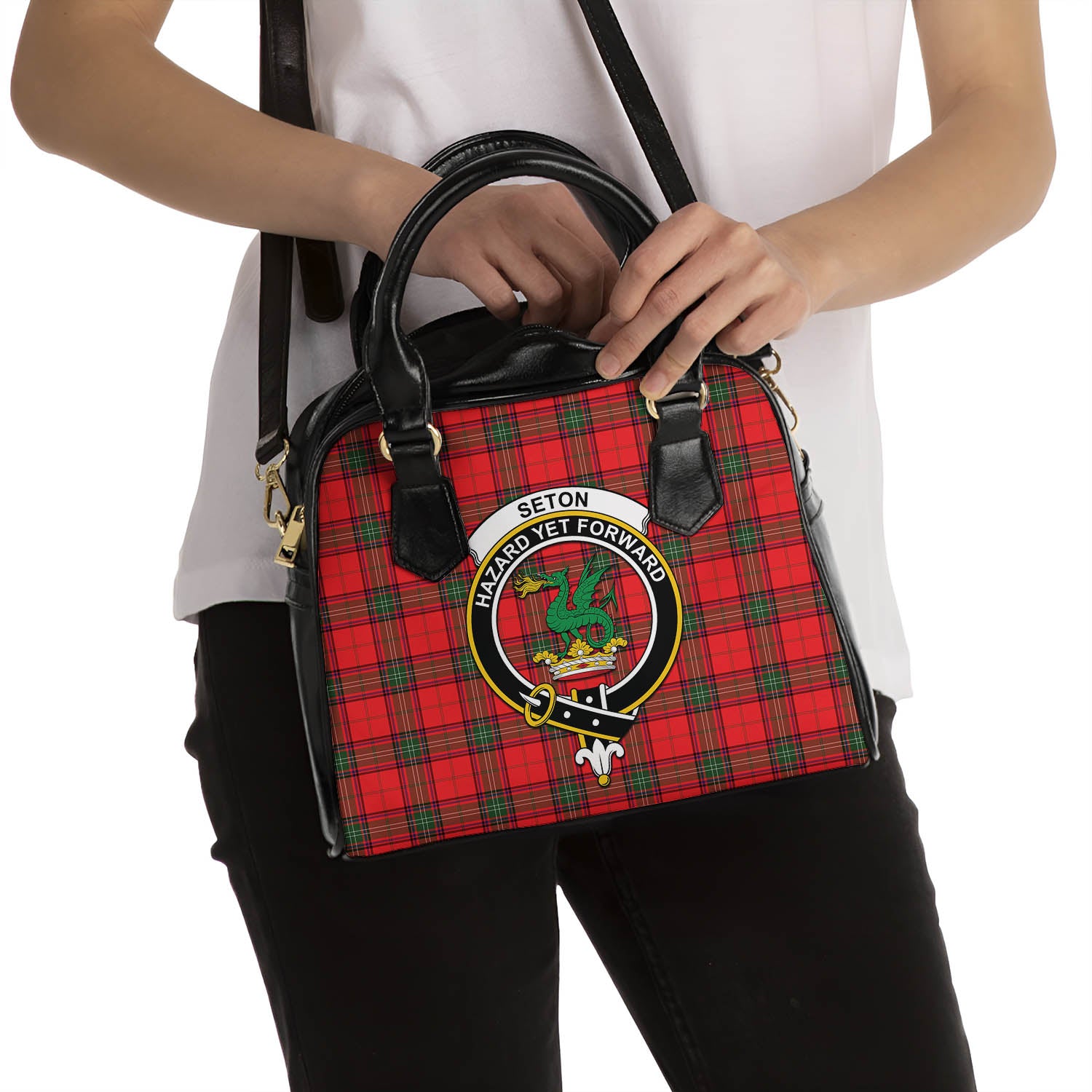Seton Modern Tartan Shoulder Handbags with Family Crest - Tartanvibesclothing