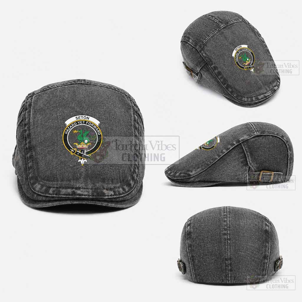 Seton Scottish Clan Crest Washed Flat Cap - Unisex Jeff Cap One Size (Adjustable) Black - Tartan Vibes Clothing