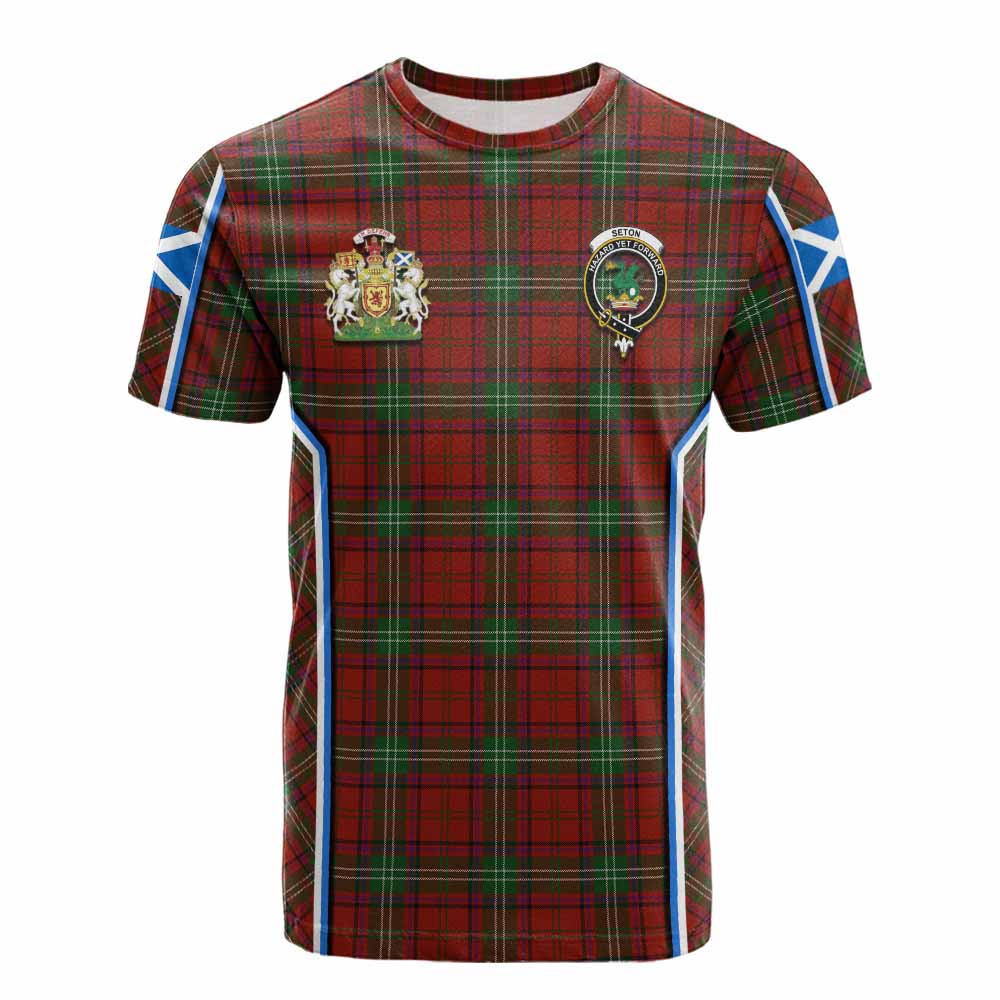 Seton Tartan Crest Cotton T-shirt Scotland Coat of Arm Flag Style - Tartan Vibes Clothing
