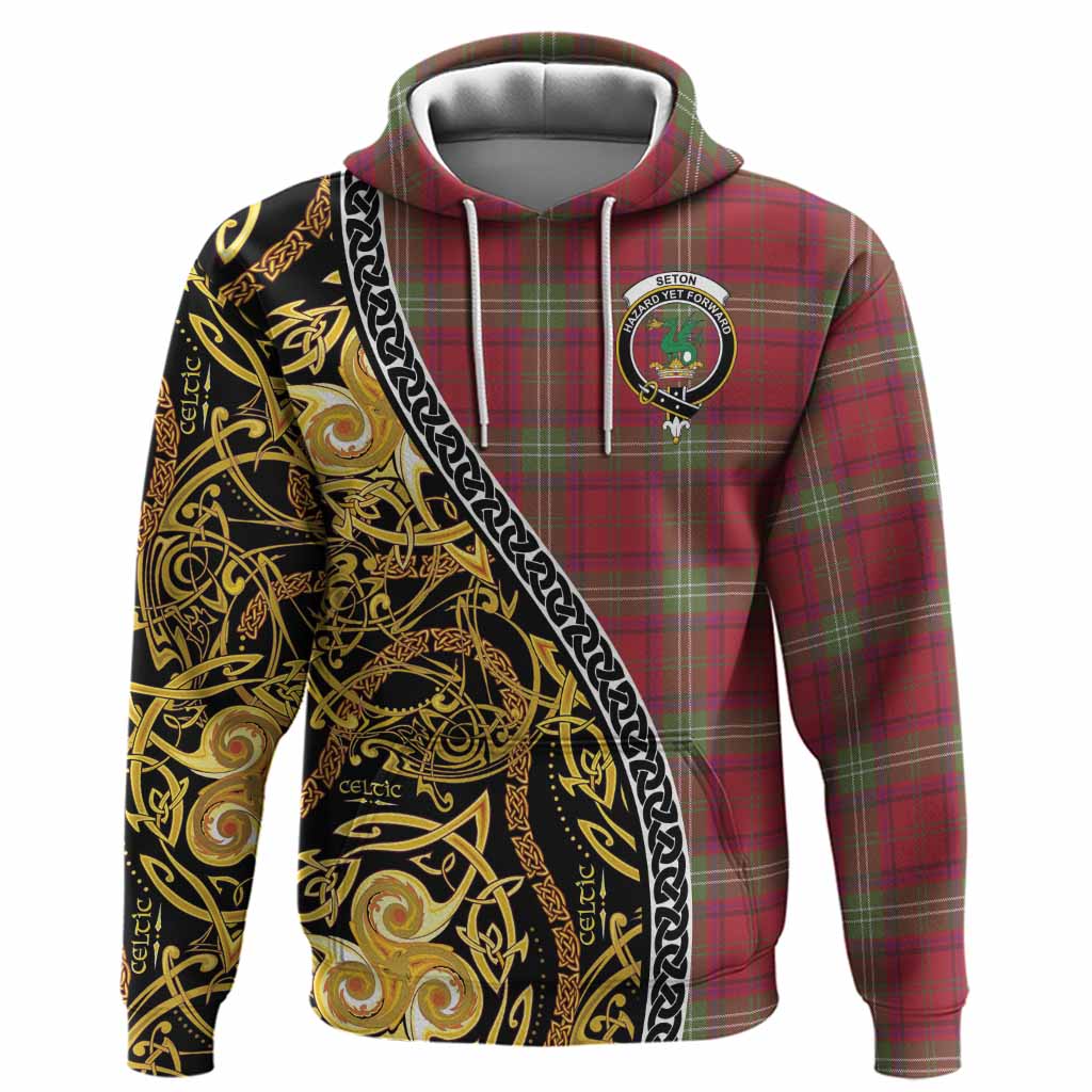 Seton Tartan Crest Hoodie Celtic Knot and Triple Trickle Spiral Symbols