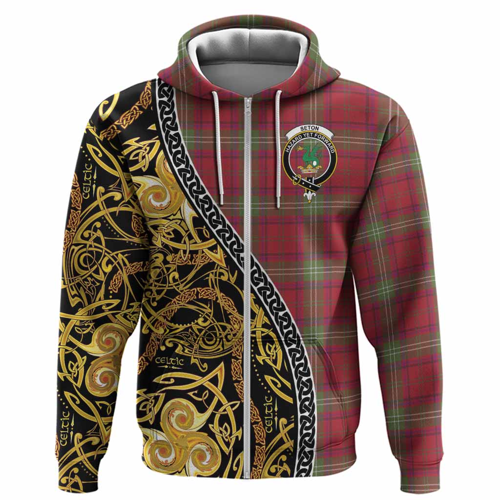 Seton Tartan Crest Hoodie Celtic Knot and Triple Trickle Spiral Symbols
