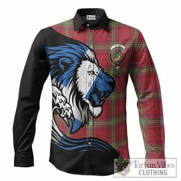 Seton Tartan Crest Long Sleeve Button Shirts Scottish Golden Lions Wave Flow
