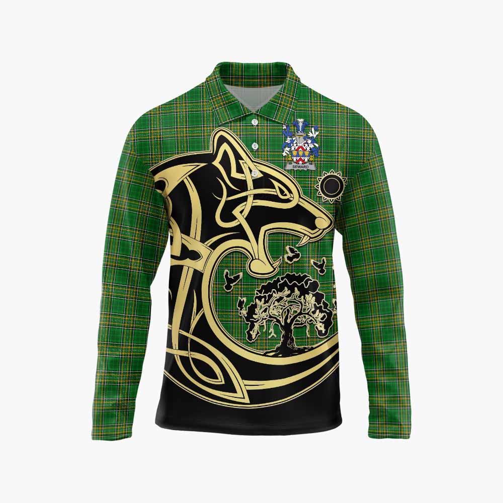 Tartan Vibes Clothing Seward Irish Tartan Long Sleeve Polo Shirt with Coat of Arms Celtic Wolf Style