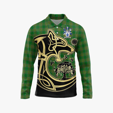 Shanahan Irish Tartan Long Sleeve Polo Shirt with Coat of Arms Celtic Wolf Style Unisex - Tartan Vibes Clothing