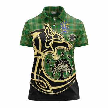 Tartan Vibes Clothing Shanley Irish Tartan Women's Polo Shirt with Coat of Arms Celtic Wolf Style