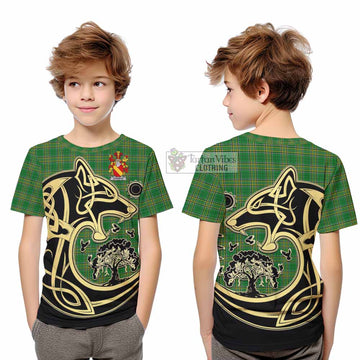Shannon Irish Tartan Kid T-Shirt with Coat of Arms Celtic Wolf Style