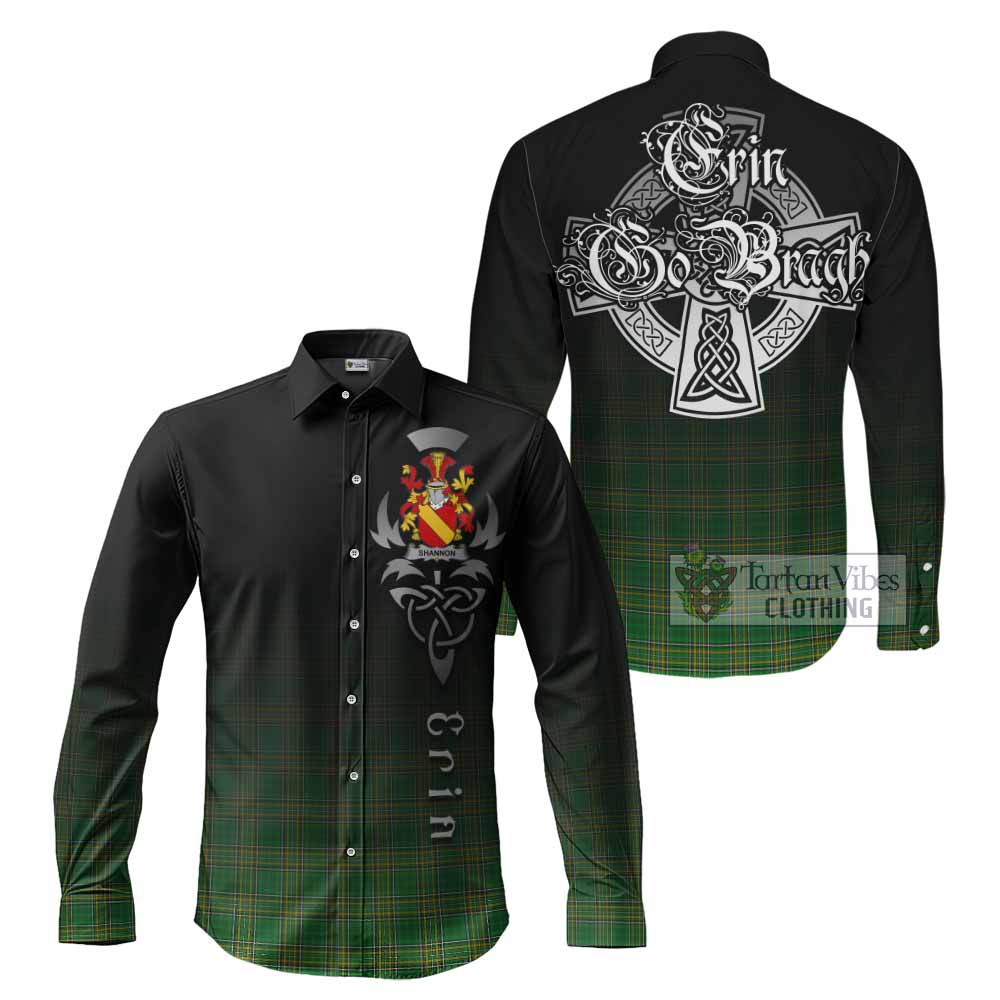 Tartan Vibes Clothing Shannon Irish Clan Long Sleeve Button Shirt with Coat of Arms Erin Go Bragh Celtic Inspired