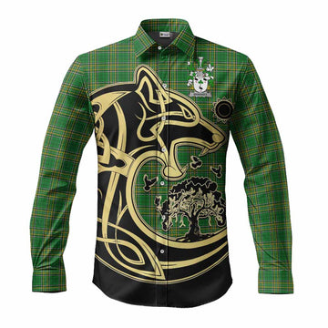 Sharkey Irish Tartan Long Sleeve Button Shirt with Coat of Arms Celtic Wolf Style Men's Shirt S - Tartan Vibes Clothing