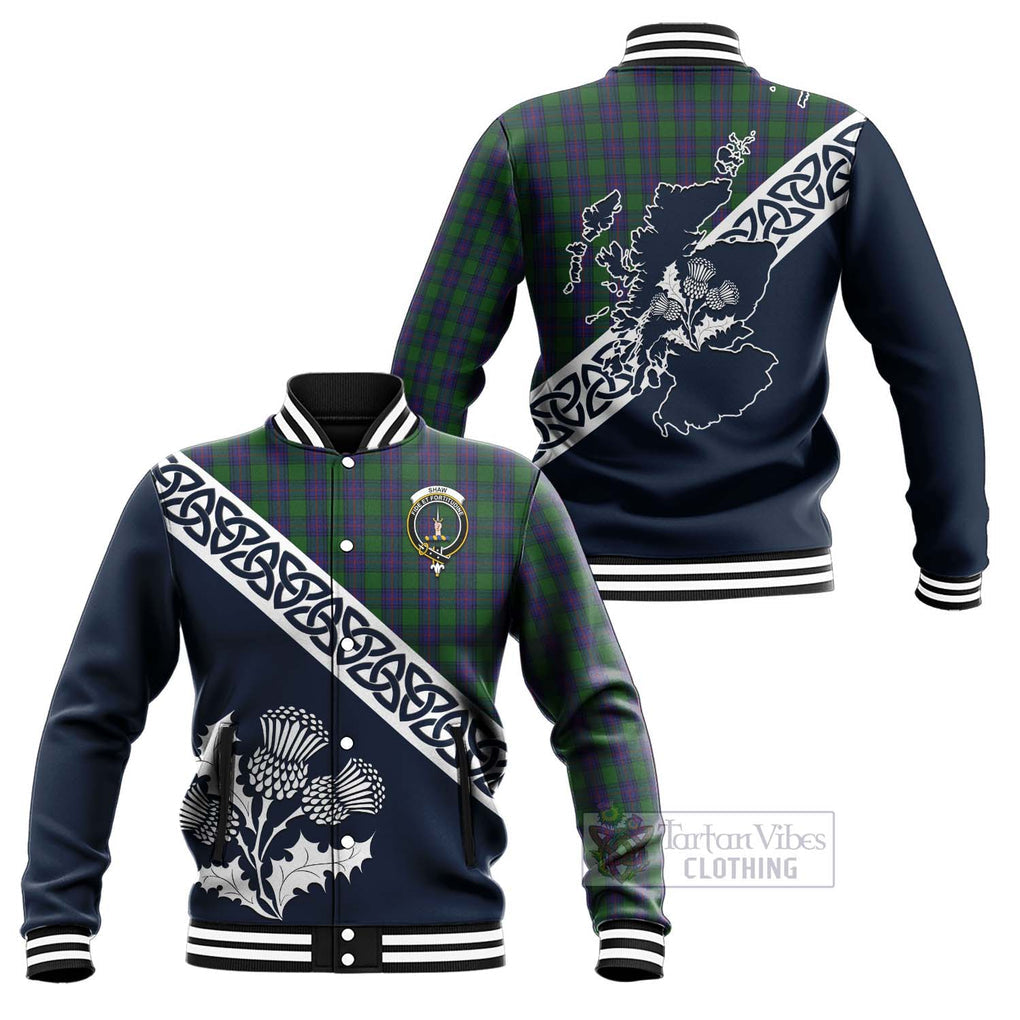 Tartan Vibes Clothing Shaw Tartan Baseball Jacket Featuring Thistle and Scotland Map