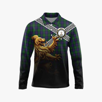 Tartan Vibes Clothing Shaw Crest Tartan Long Sleeve Polo Shirt with Golden Lion Emblem Celtic Style