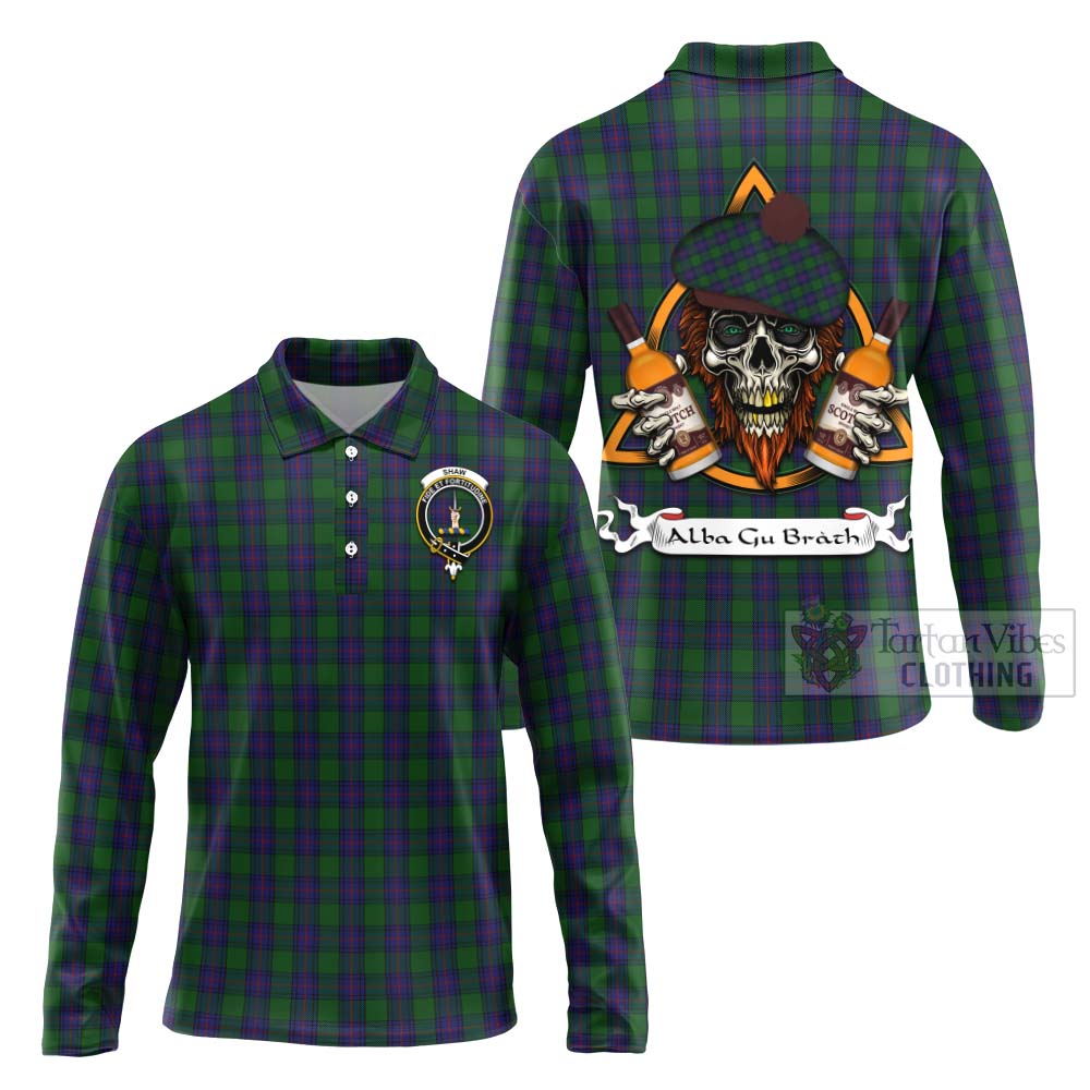 Tartan Vibes Clothing Shaw Tartan Long Sleeve Polo Shirt with Family Crest and Bearded Skull Holding Bottles of Whiskey