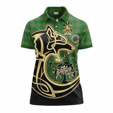Shaw Irish Tartan Women's Polo Shirt with Coat of Arms Celtic Wolf Style