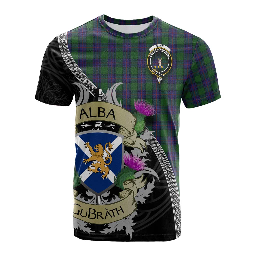 Tartan Vibes Clothing Shaw Tartan Family Crest Cotton T-shirt Lion Rampant Royal Thistle Shield Celtic Inspired