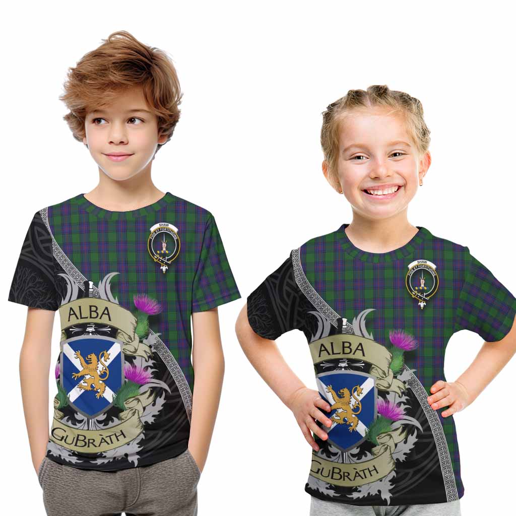 Tartan Vibes Clothing Shaw Tartan Family Crest Kid T-Shirt Lion Rampant Royal Thistle Shield Celtic Inspired