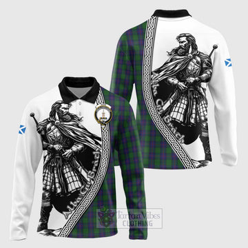 Tartan Vibes Clothing Shaw Tartan Clan Crest Long Sleeve Polo Shirt with Highlander Warrior Celtic Style
