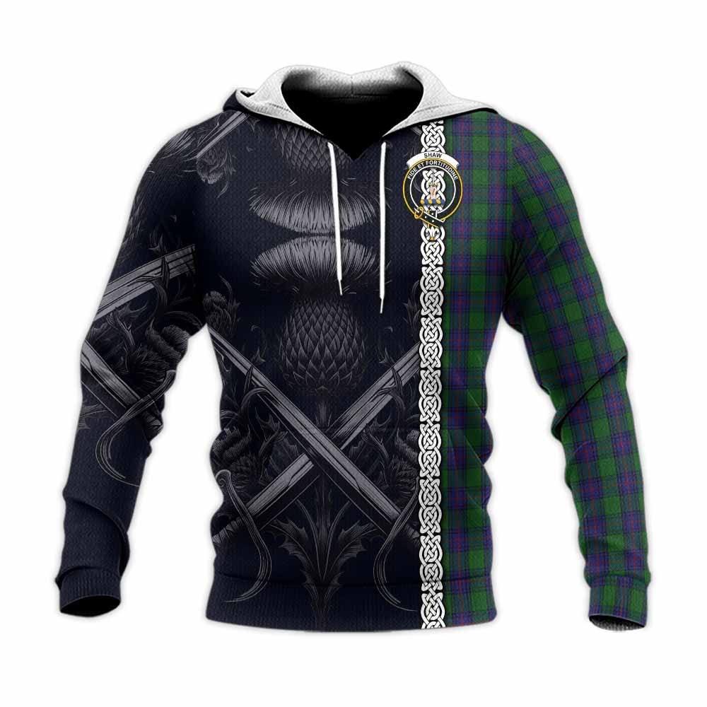 Tartan Vibes Clothing Shaw Tartan Knitted Hoodie with Family Crest Cross Sword Thistle Celtic Vibes