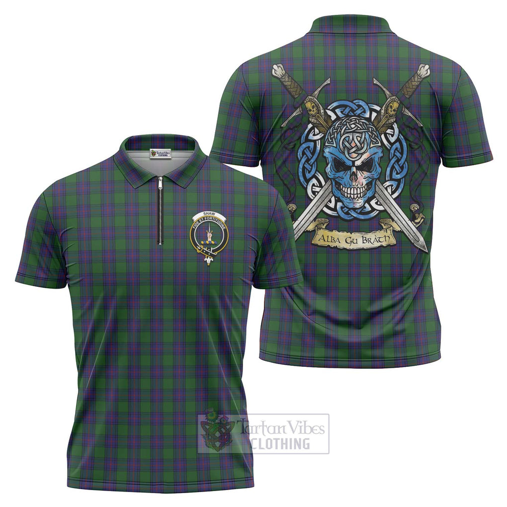 Tartan Vibes Clothing Shaw Tartan Zipper Polo Shirt with Family Crest Celtic Skull Style
