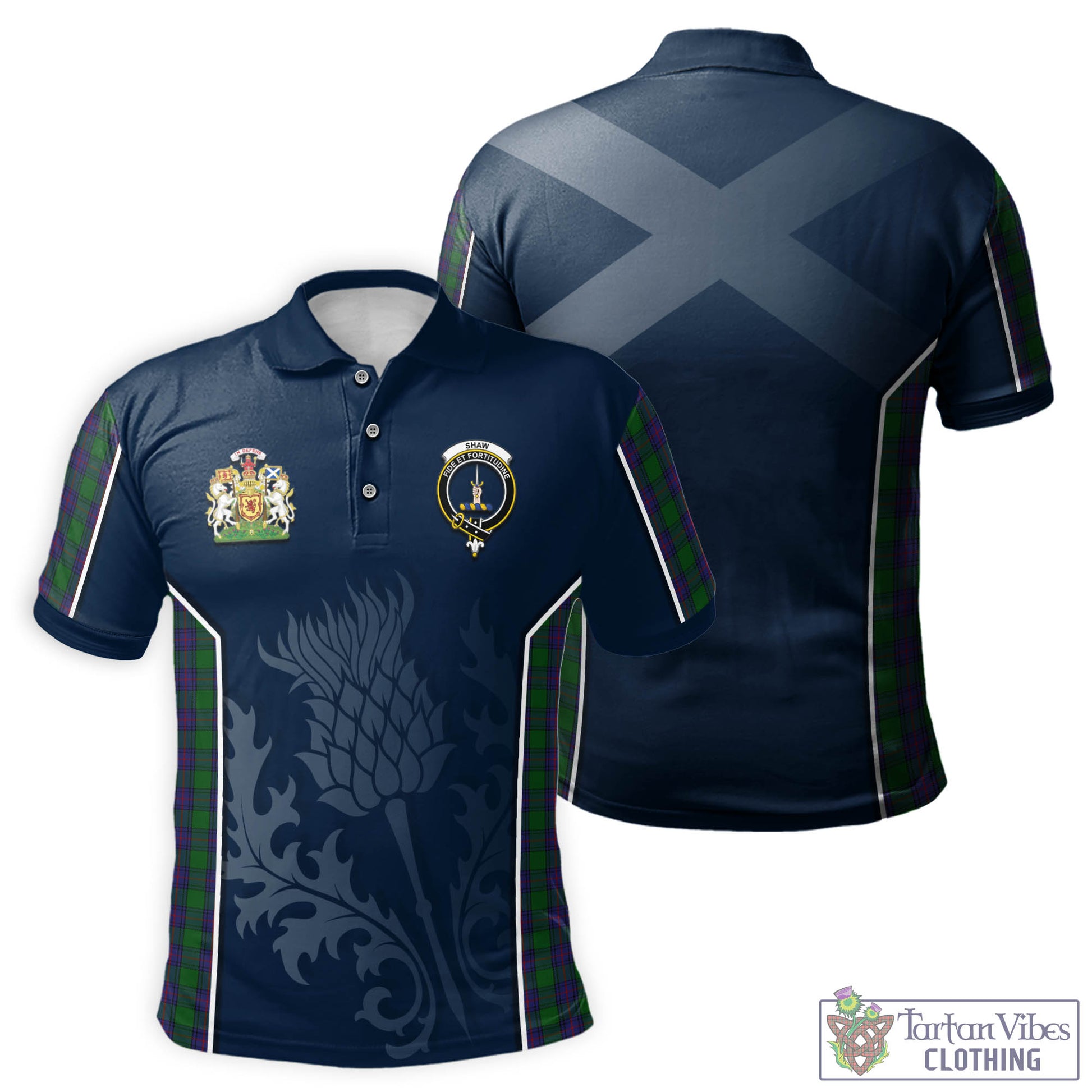 Tartan Vibes Clothing Shaw Tartan Men's Polo Shirt with Family Crest and Scottish Thistle Vibes Sport Style
