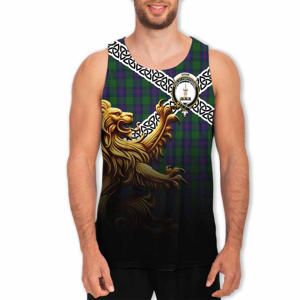 Tartan Vibes Clothing Shaw Crest Tartan Men's Tank Top with Golden Lion Emblem Celtic Style
