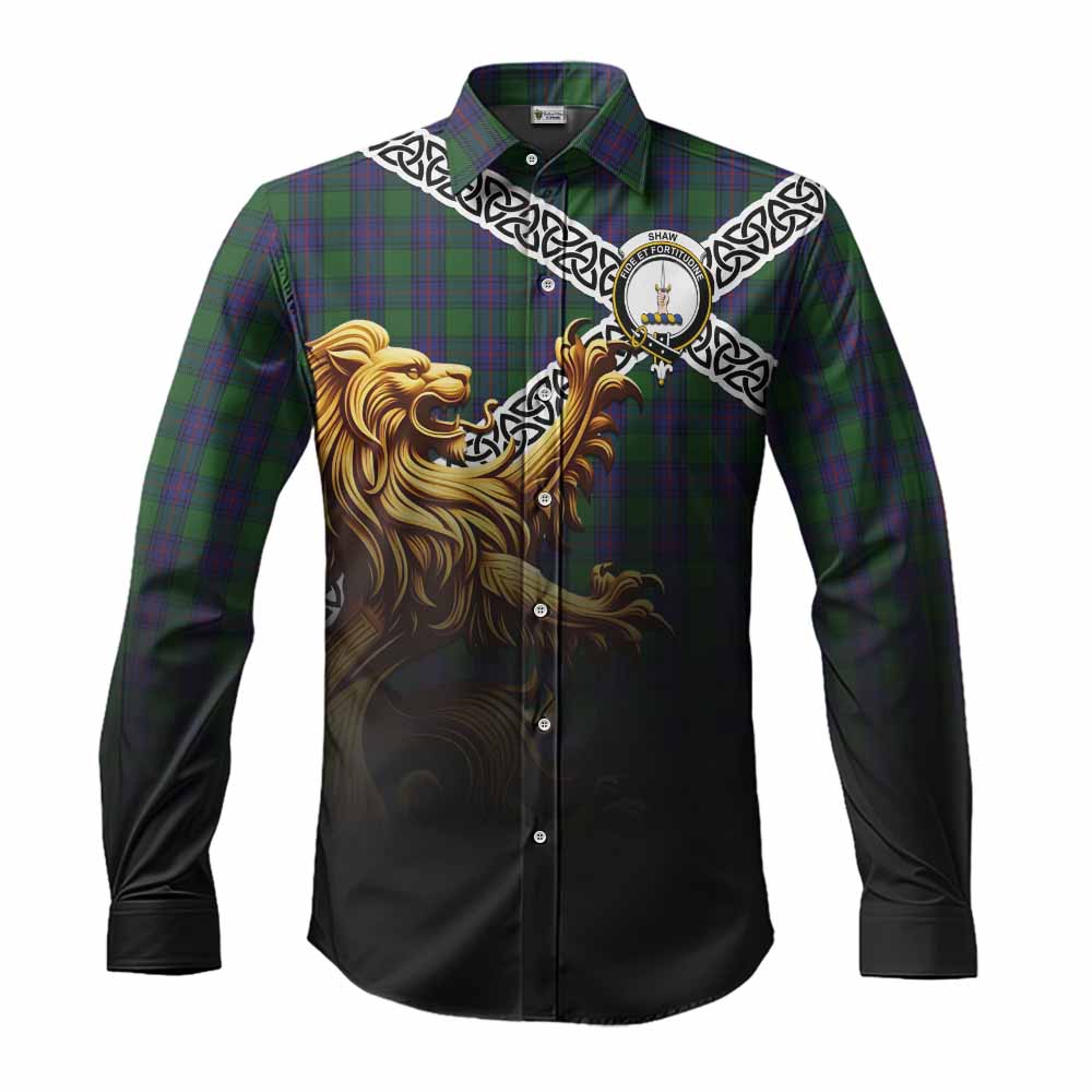 Tartan Vibes Clothing Shaw Crest Tartan Long Sleeve Button Shirt with Golden Lion Emblem Celtic Style
