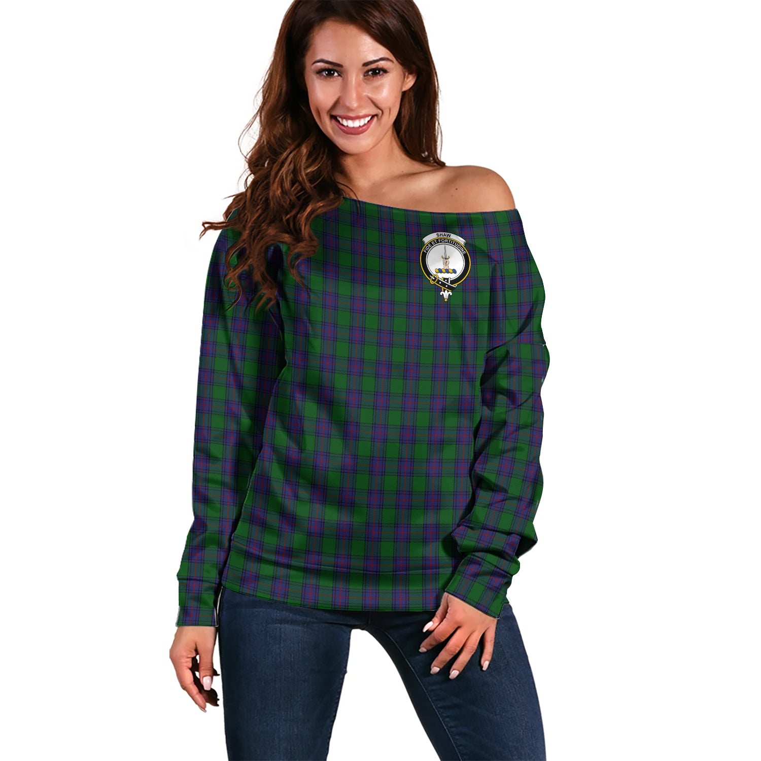 Shaw Tartan Off Shoulder Women Sweater with Family Crest Women - Tartanvibesclothing Shop