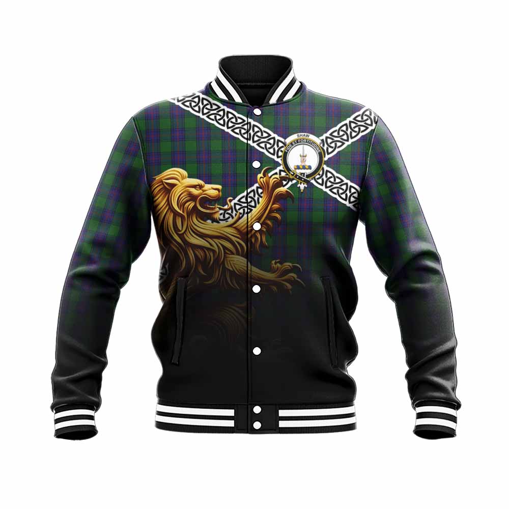 Tartan Vibes Clothing Shaw Crest Tartan Baseball Jacket with Golden Lion Emblem Celtic Style