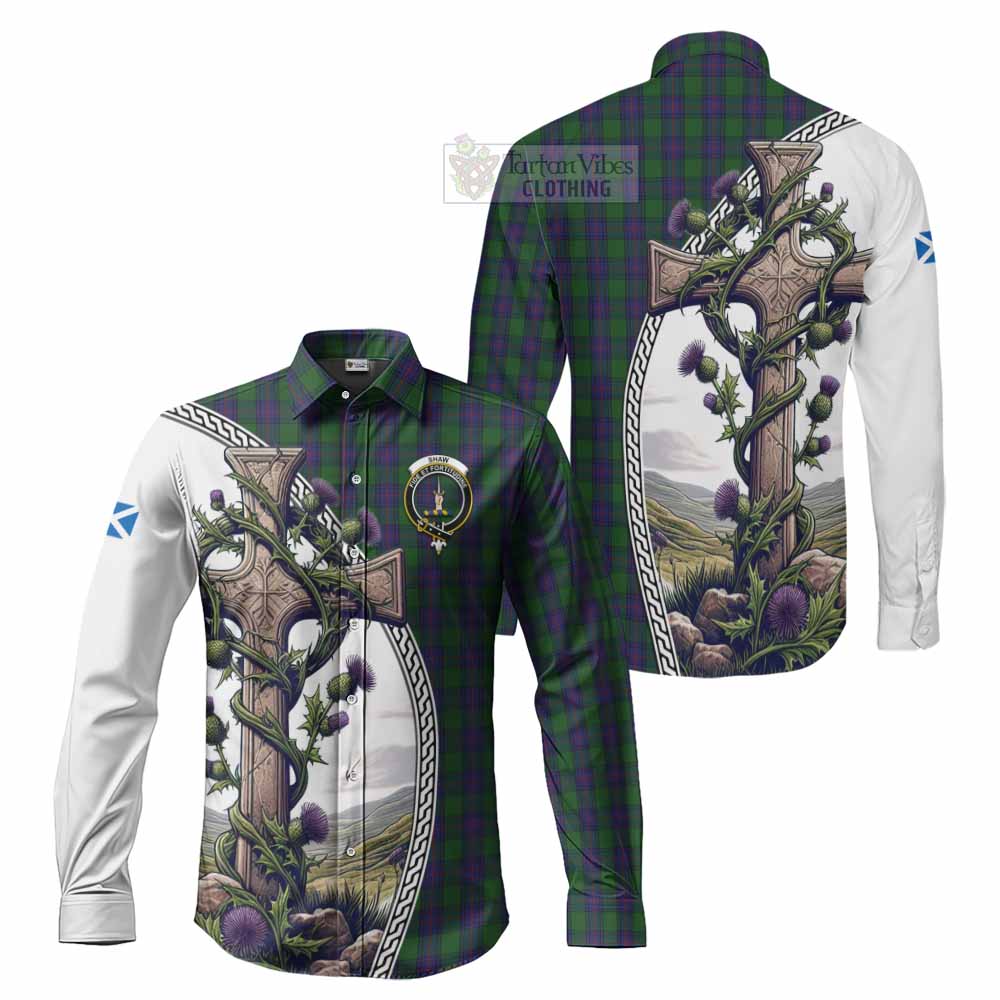 Tartan Vibes Clothing Shaw Tartan Long Sleeve Button Shirt with Family Crest and St. Andrew's Cross Accented by Thistle Vines