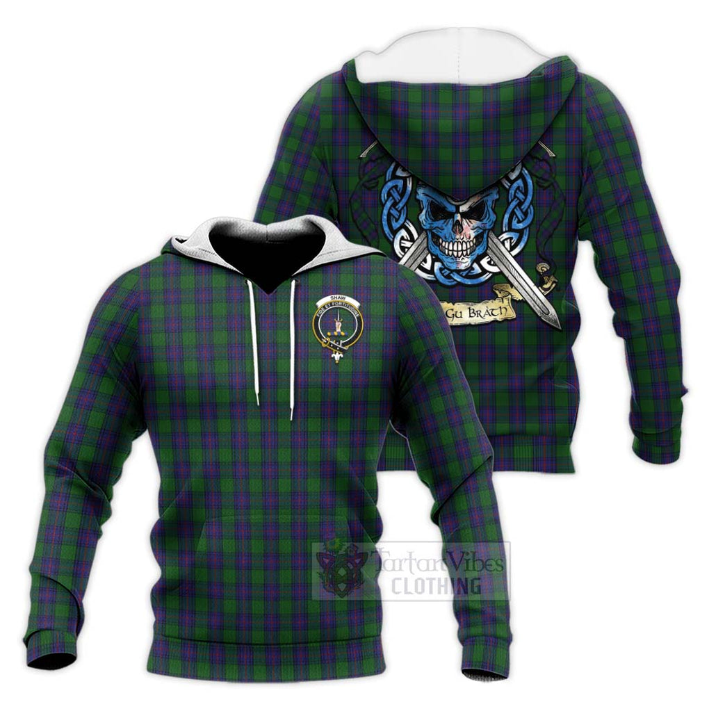 Tartan Vibes Clothing Shaw Tartan Knitted Hoodie with Family Crest Celtic Skull Style