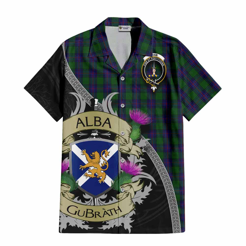 Tartan Vibes Clothing Shaw Tartan Family Crest Short Sleeve Button Shirt Lion Rampant Royal Thistle Shield Celtic Inspired
